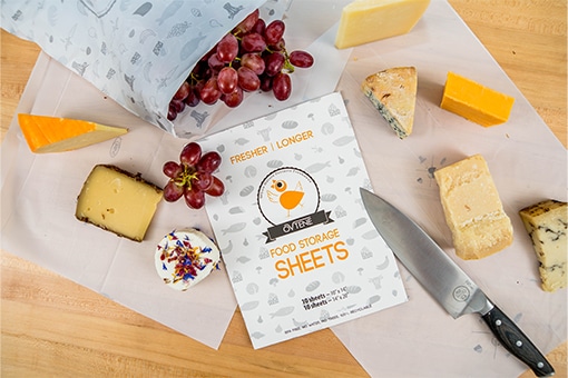 Ovtene Sheets with grapes & cheese, recyclable, biodegradable, washable, reuseable, food storage bags, food packaging, sustainable